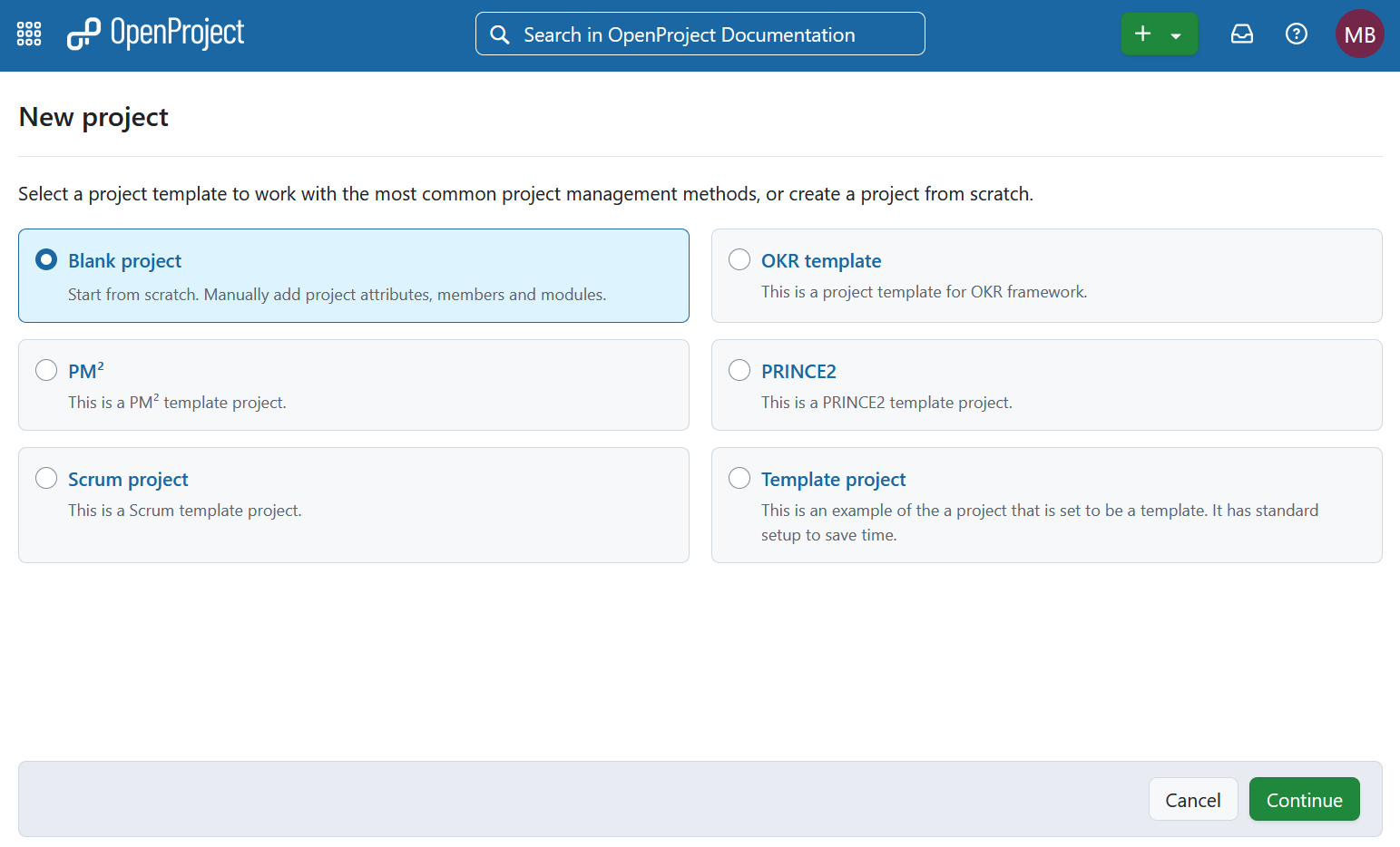 Wählen Sie eine Vorlage für die Erstellung eines neuen Projekts in OpenProject