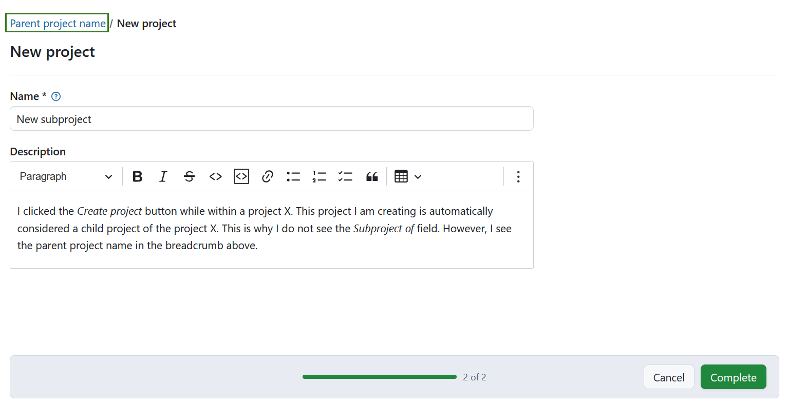 Benennen und Erstellen eines neuen Unterprojekts in OpenProject