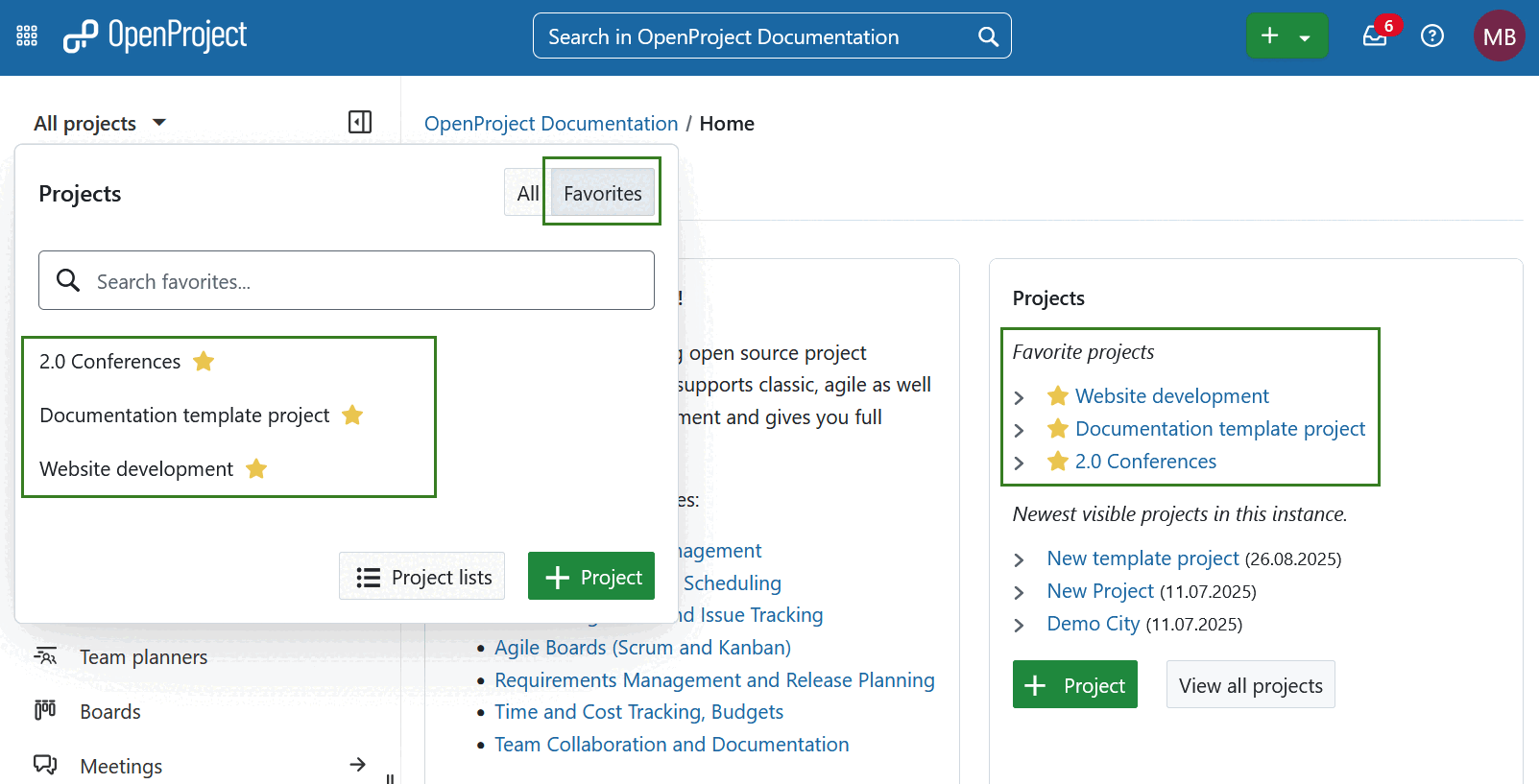 Projets favoris affichés sur la page d’aperçu d’OpenProject