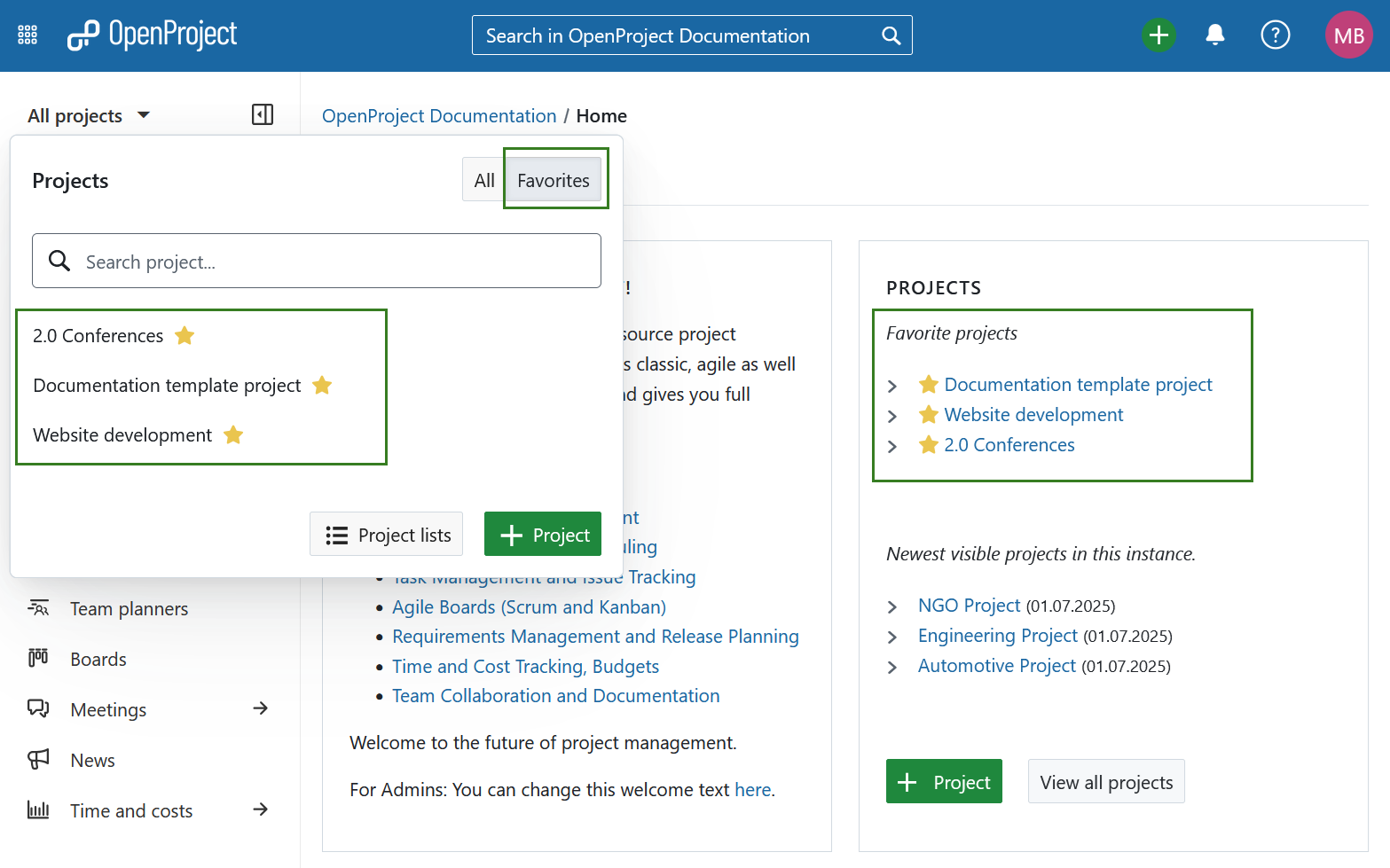 Favorite projects displayed on OpenProject overview page