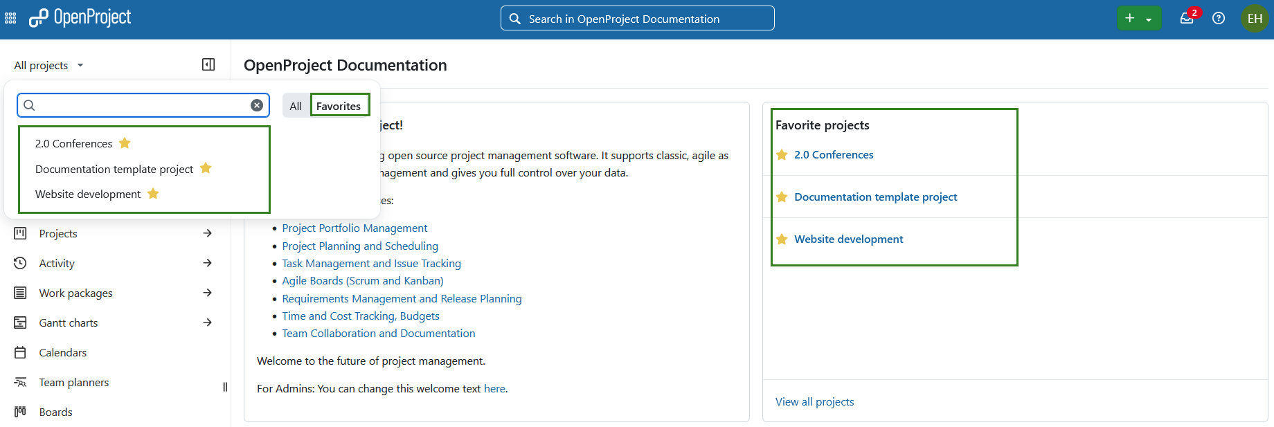 Proyectos favoritos mostrados en la página de resumen de OpenProject