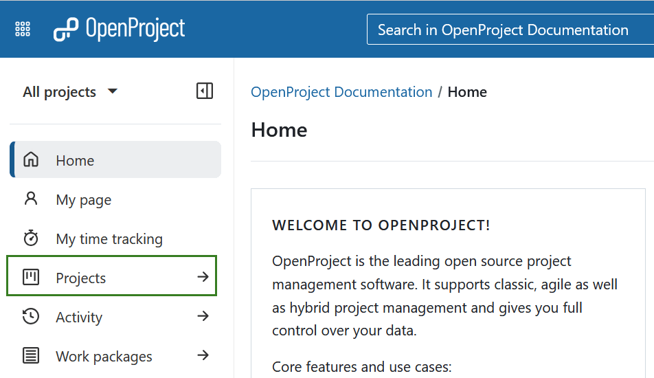 Module global Projets sélectionné dans le menu de gauche de la page d’aperçu d’OpenProject