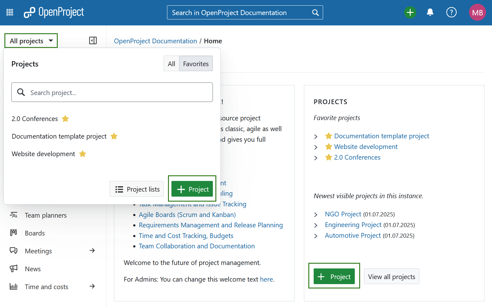 +Project button to create a new project on the OpenProject overview page