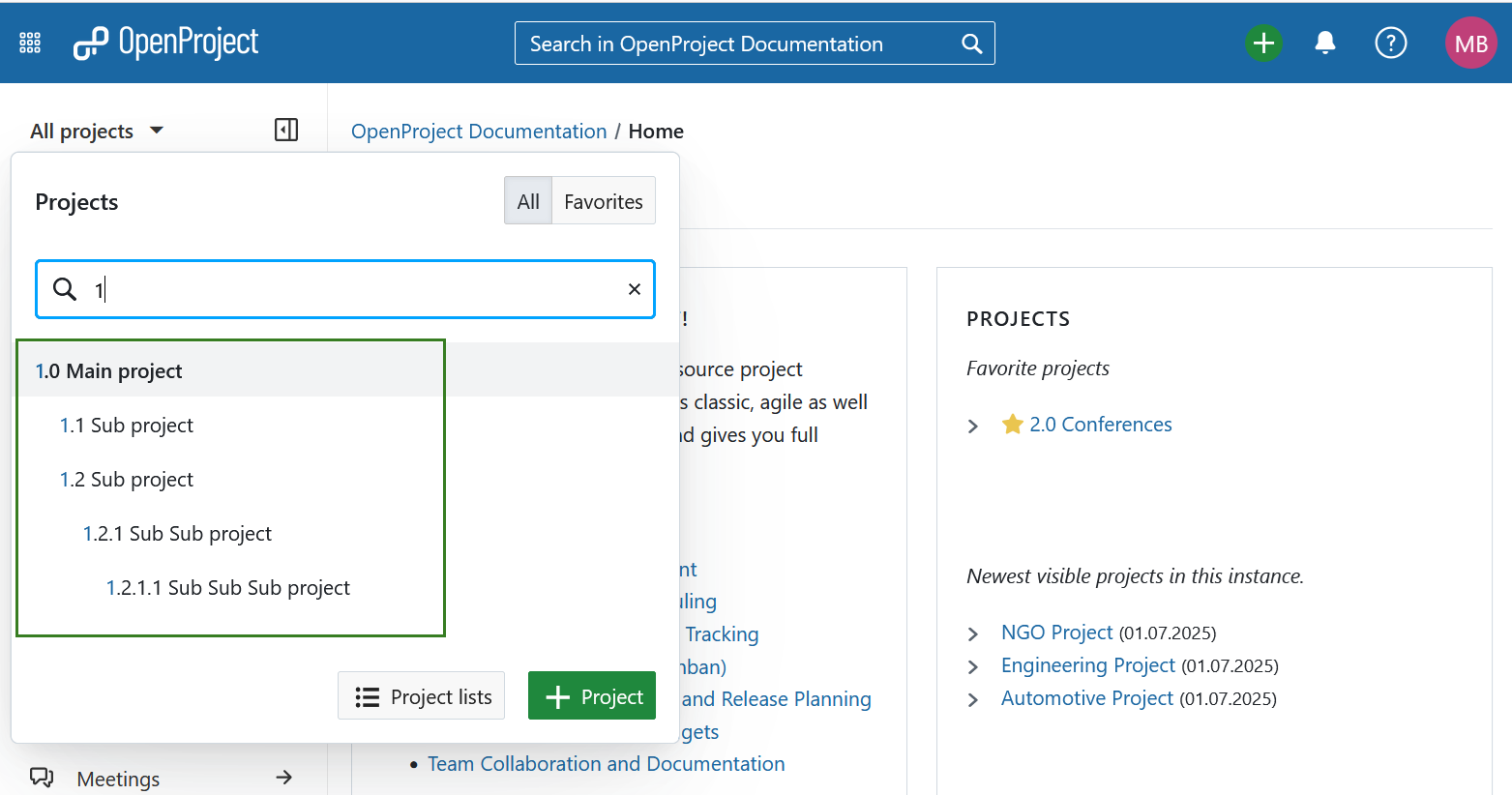 Project hierarchy displayed in “all projects” dropdown menu in OpenProject