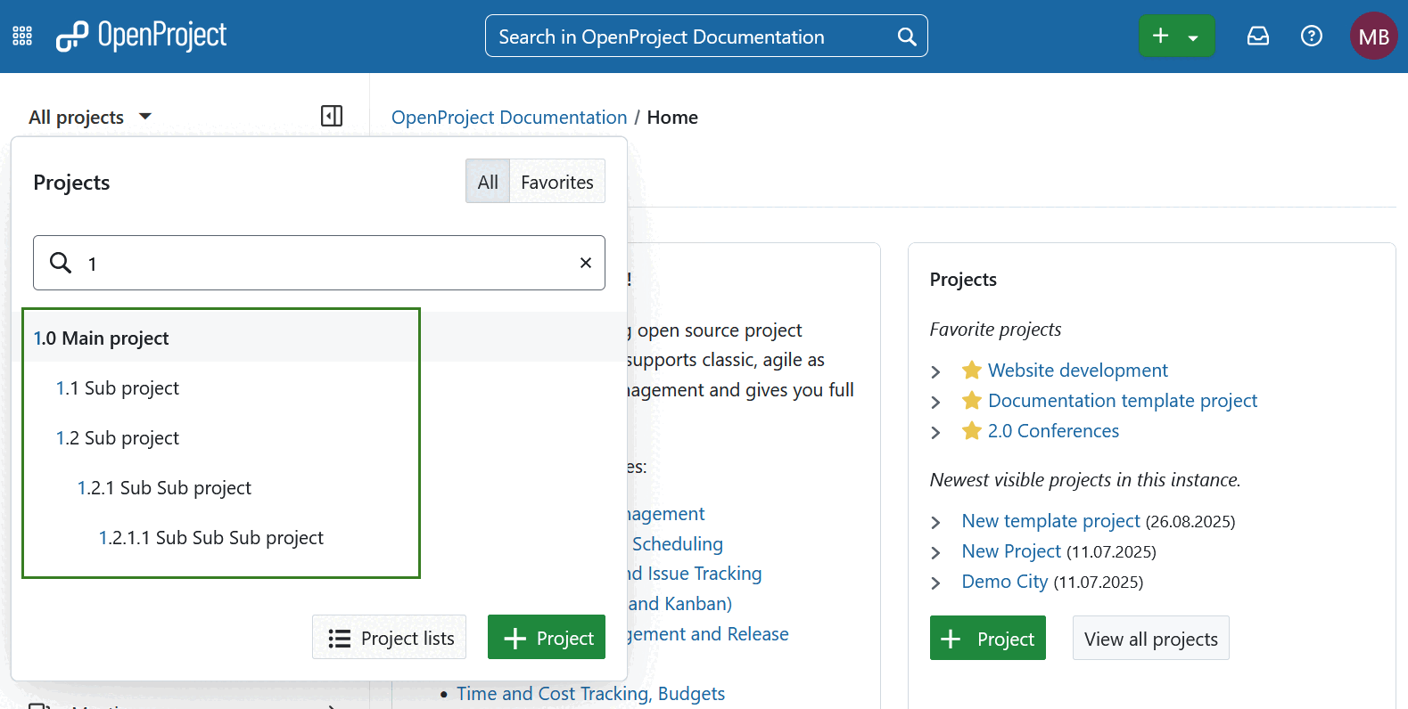 Hiérarchie des projets affichée dans le menu déroulant « Tous les projets » dans OpenProject