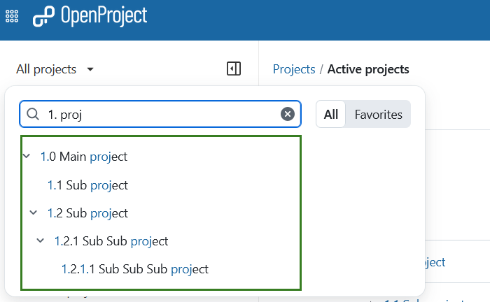 Jerarquía de proyectos mostrada en el menú desplegable «todos los proyectos» en OpenProject