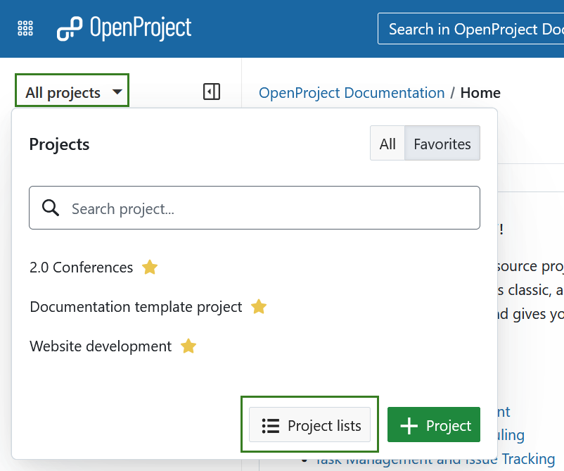 “Project lists” button at the bottom of “All projects” dropdown list in OpenProject header navigation to open a list of all projects