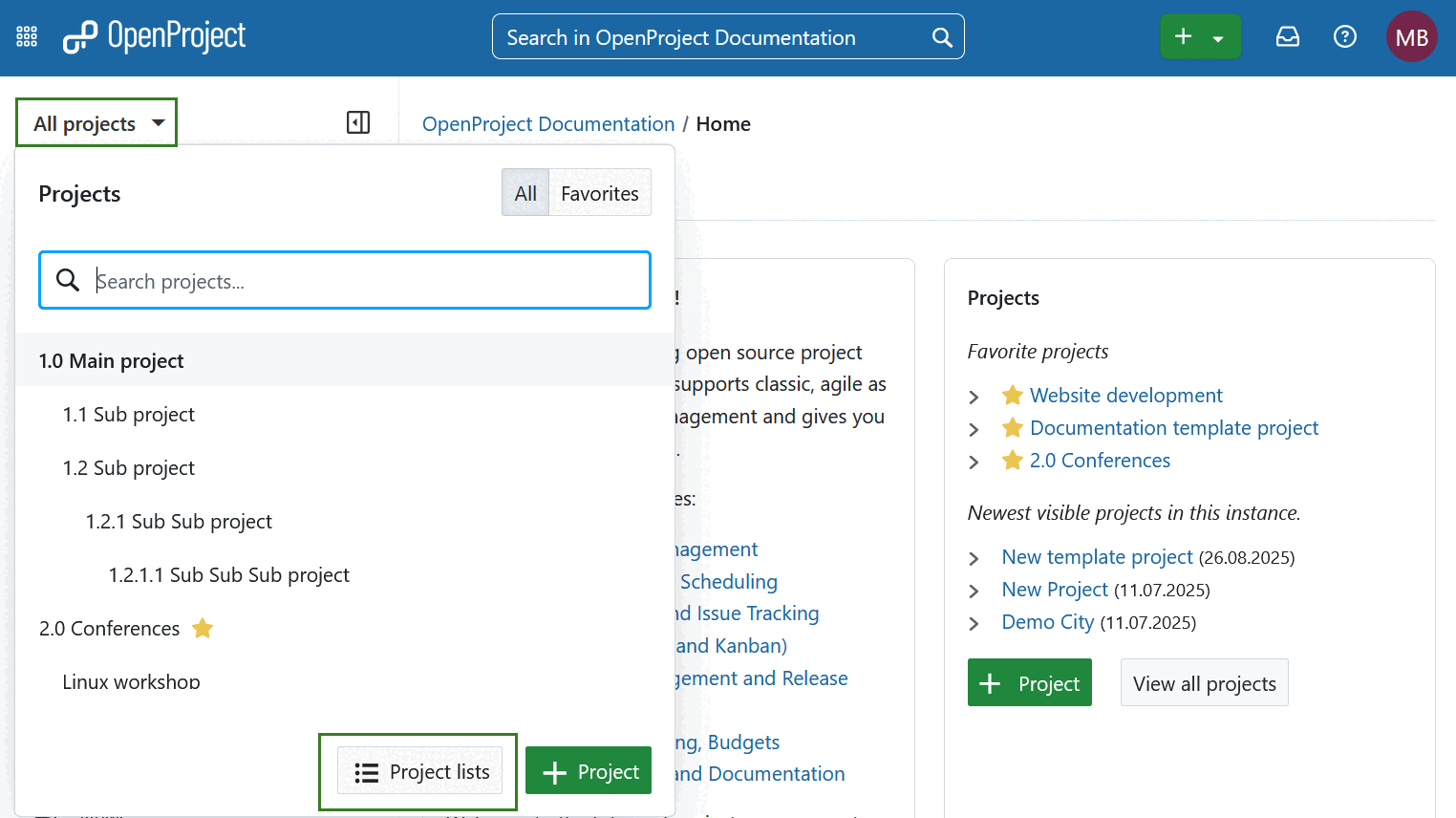 Bouton « Liste des projets » au bas de la liste déroulante « Tous les projets » dans l’en-tête de navigation OpenProject pour ouvrir la liste de tous les projets