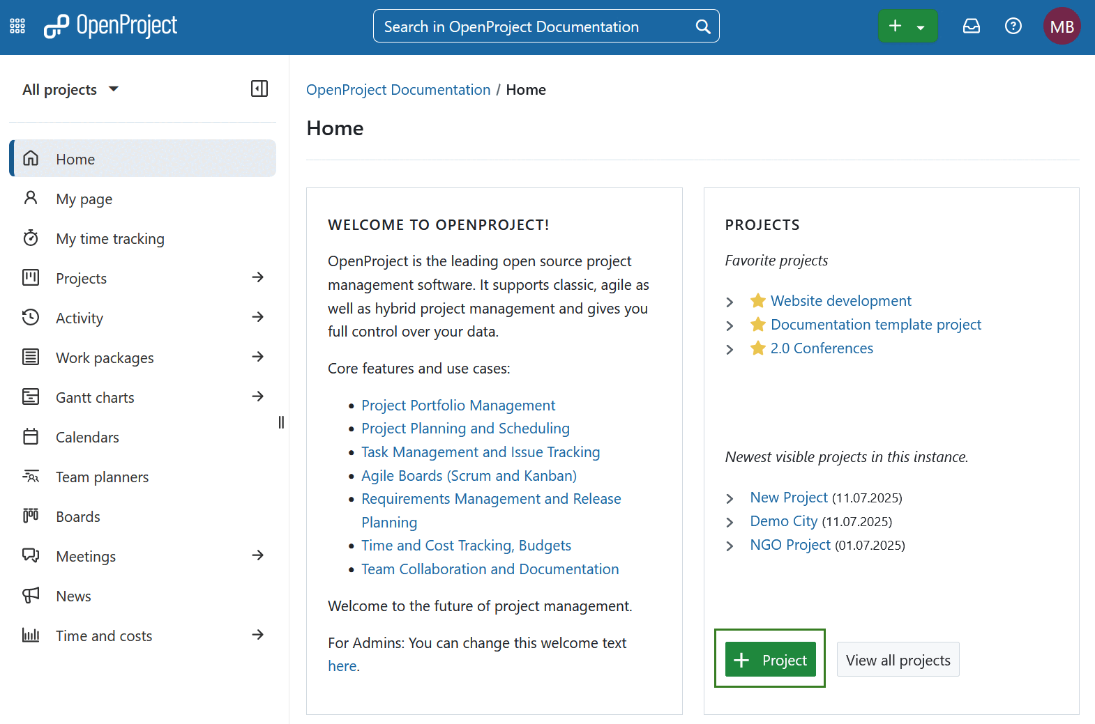 Bouton pour créer un nouveau projet sur la page d’accueil d’OpenProject