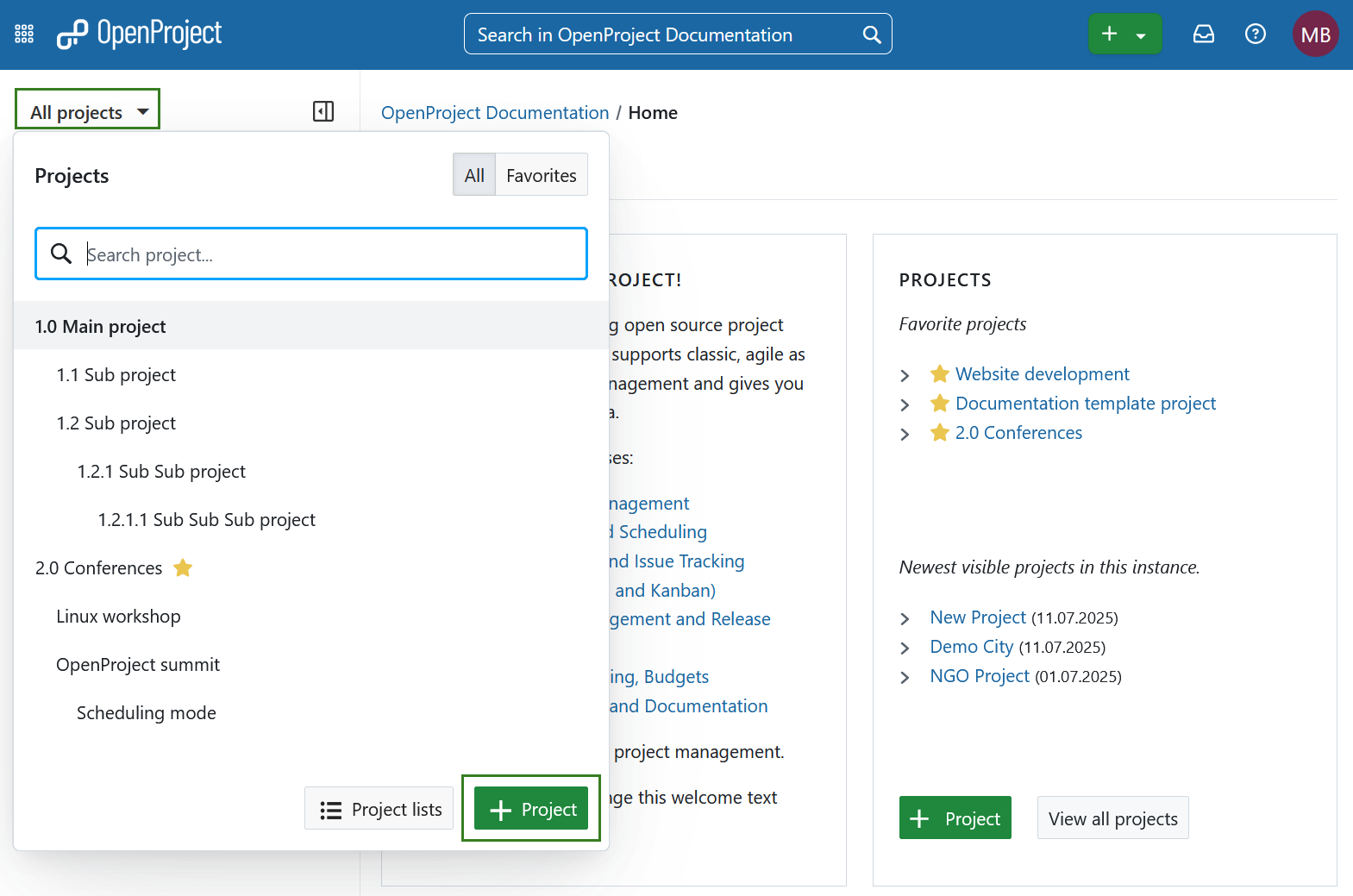 +Project button to create a new project on the OpenProject overview page