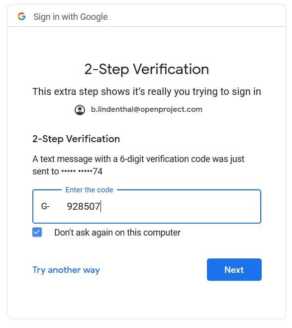 Enter second factor for Google authentication