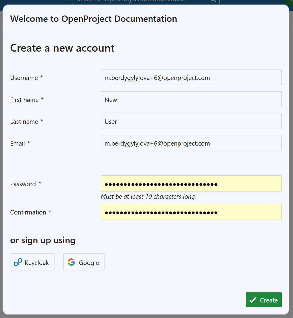 Crear una nueva cuenta para OpenProject