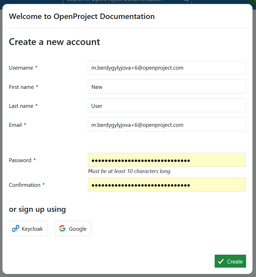 Créer un nouveau compte pour OpenProject