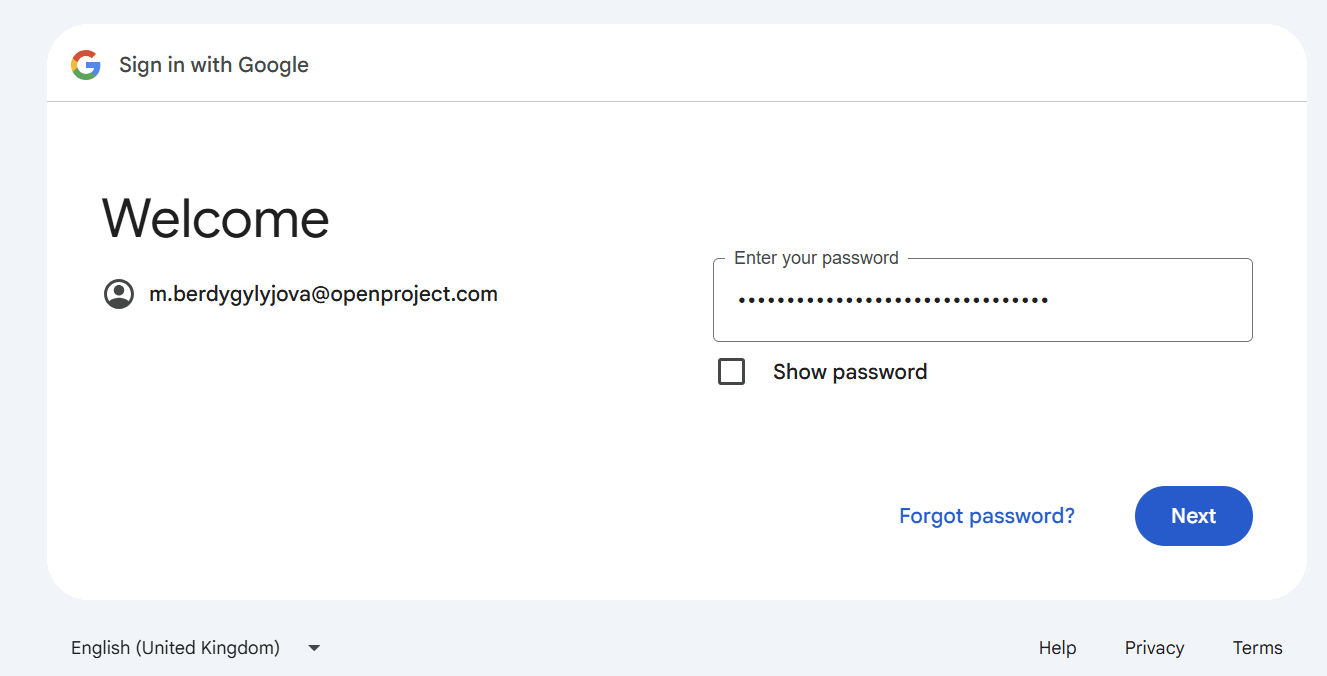 Pantalla para introducir una contraseña para el inicio de sesión de google en una instancia de OpenProject