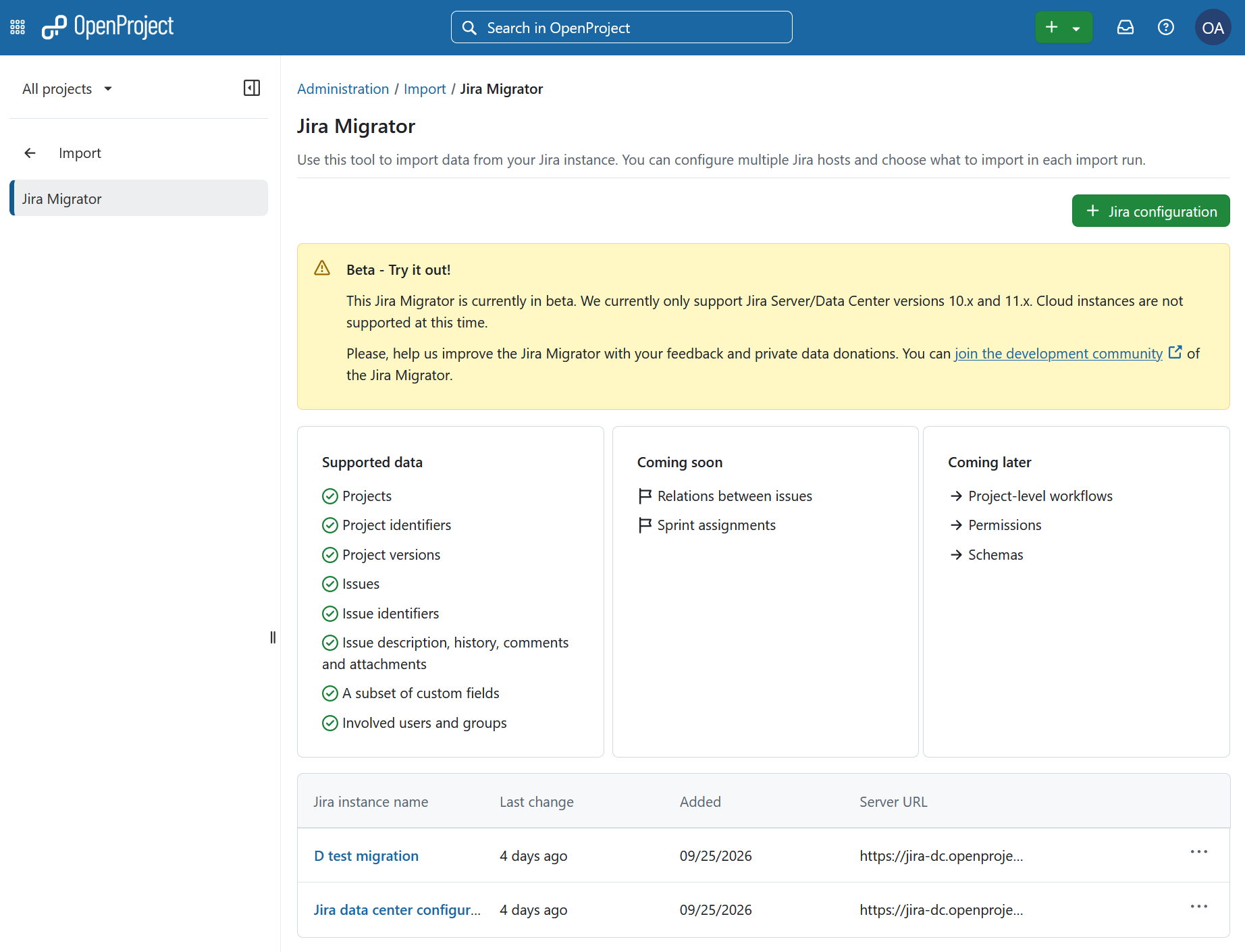 Jira importer settings under OpenProject administration