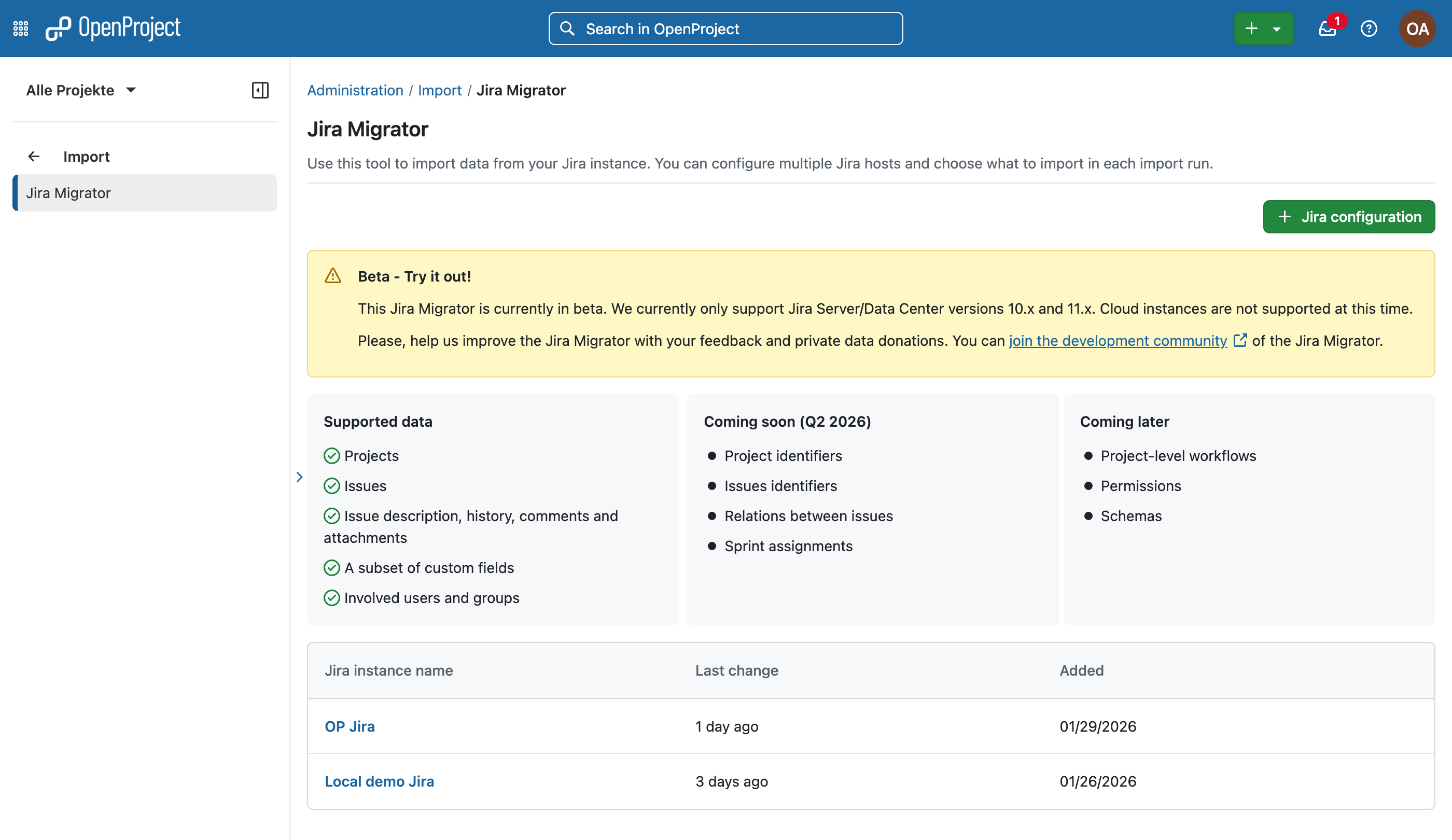 Jira importer settings under OpenProject administration