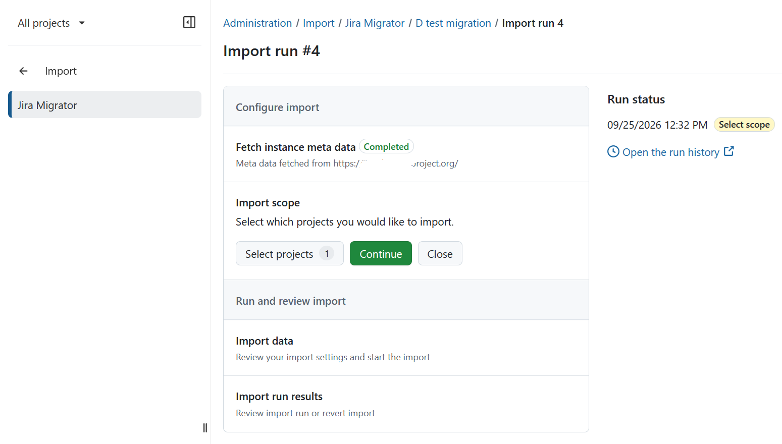 Project scope defined in the Jira import workflow
