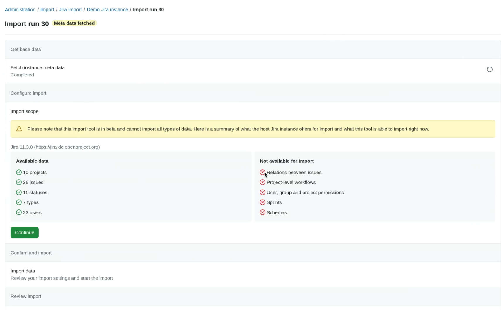 Overview of available and unavailable Jira data for import