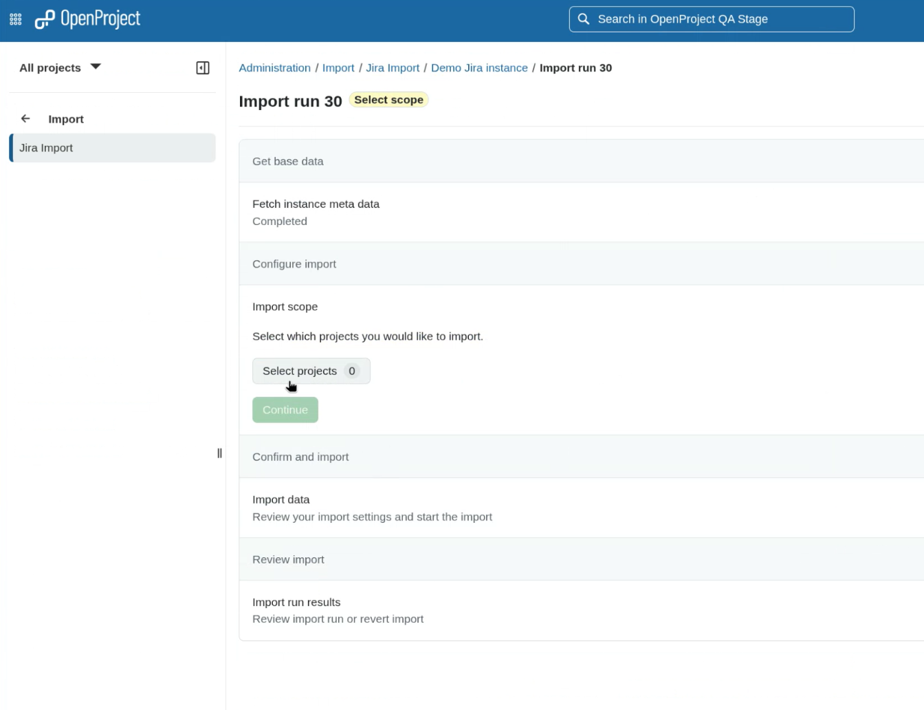 Select projects button in Jira import configuration