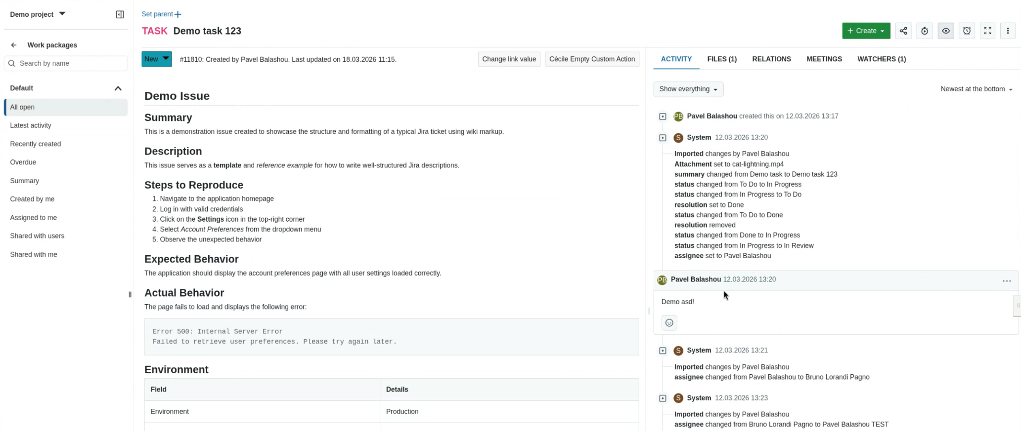 Example of an imported work package in review mode
