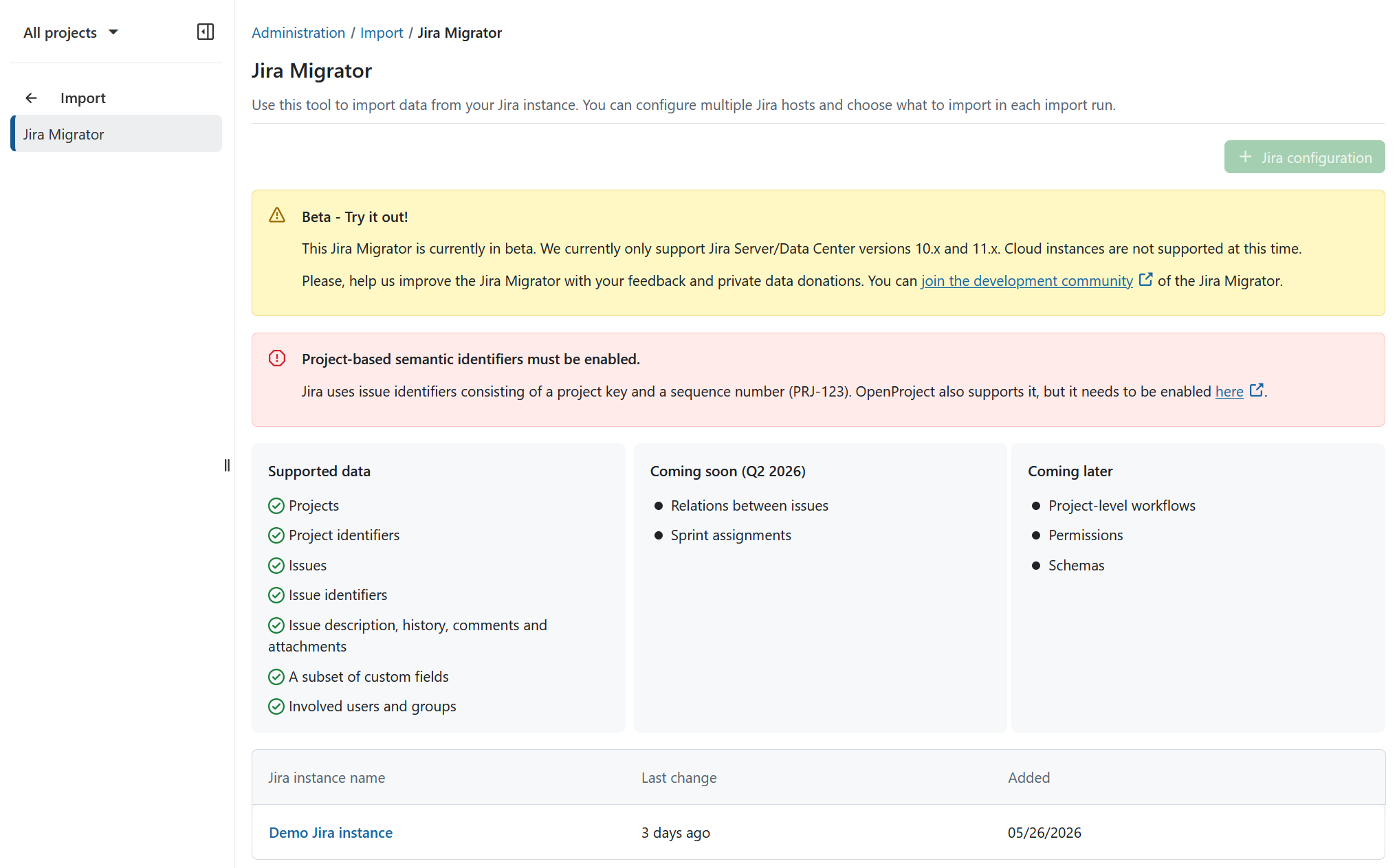 Jira importer settings under OpenProject administration