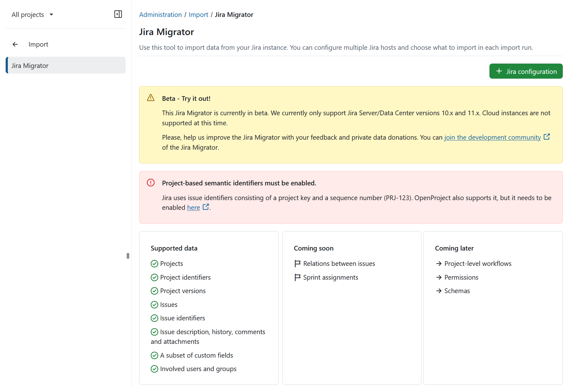 Jira importer settings under OpenProject administration