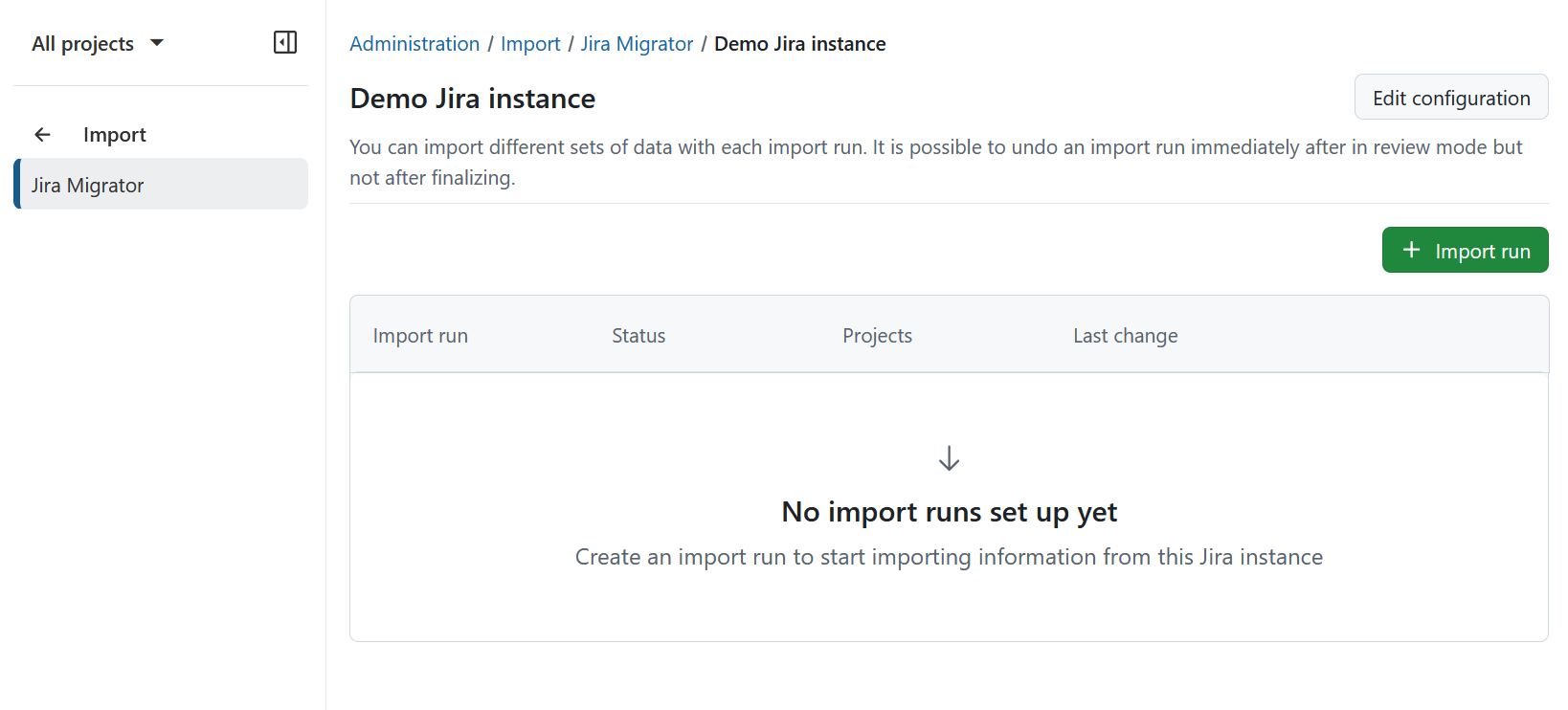 Empty import runs overview after creating a Jira import configuration