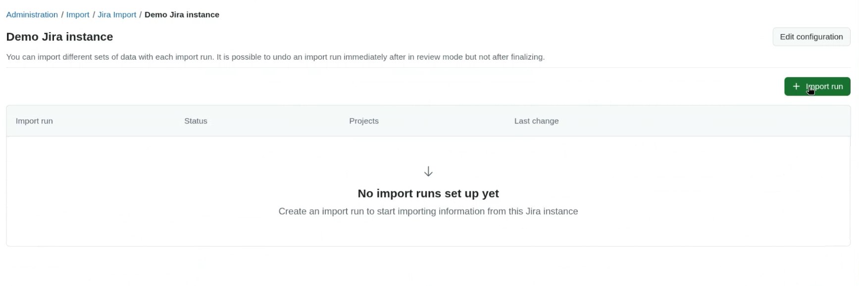 Empty import runs overview after creating a Jira import configuration