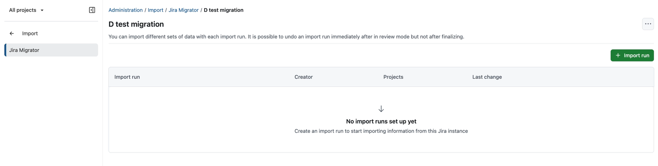 Empty import runs overview after creating a Jira import configuration