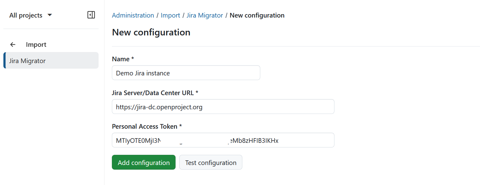 Successful connection message for Jira import