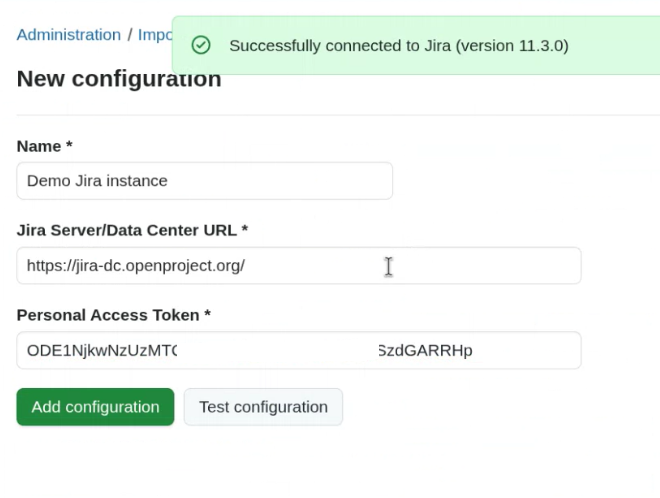 Successful connection message for Jira import