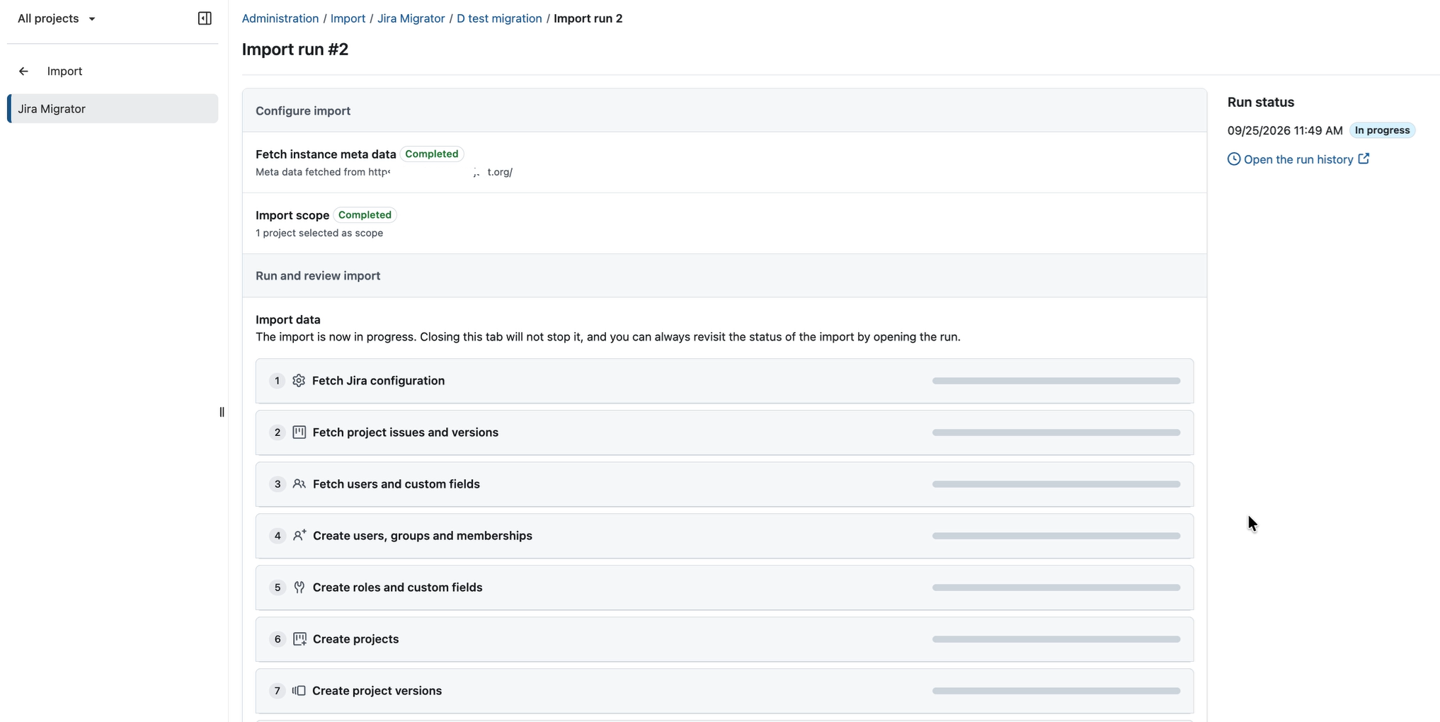 Import progress shown during data import from Jira to OpenProject using Jira Migrator