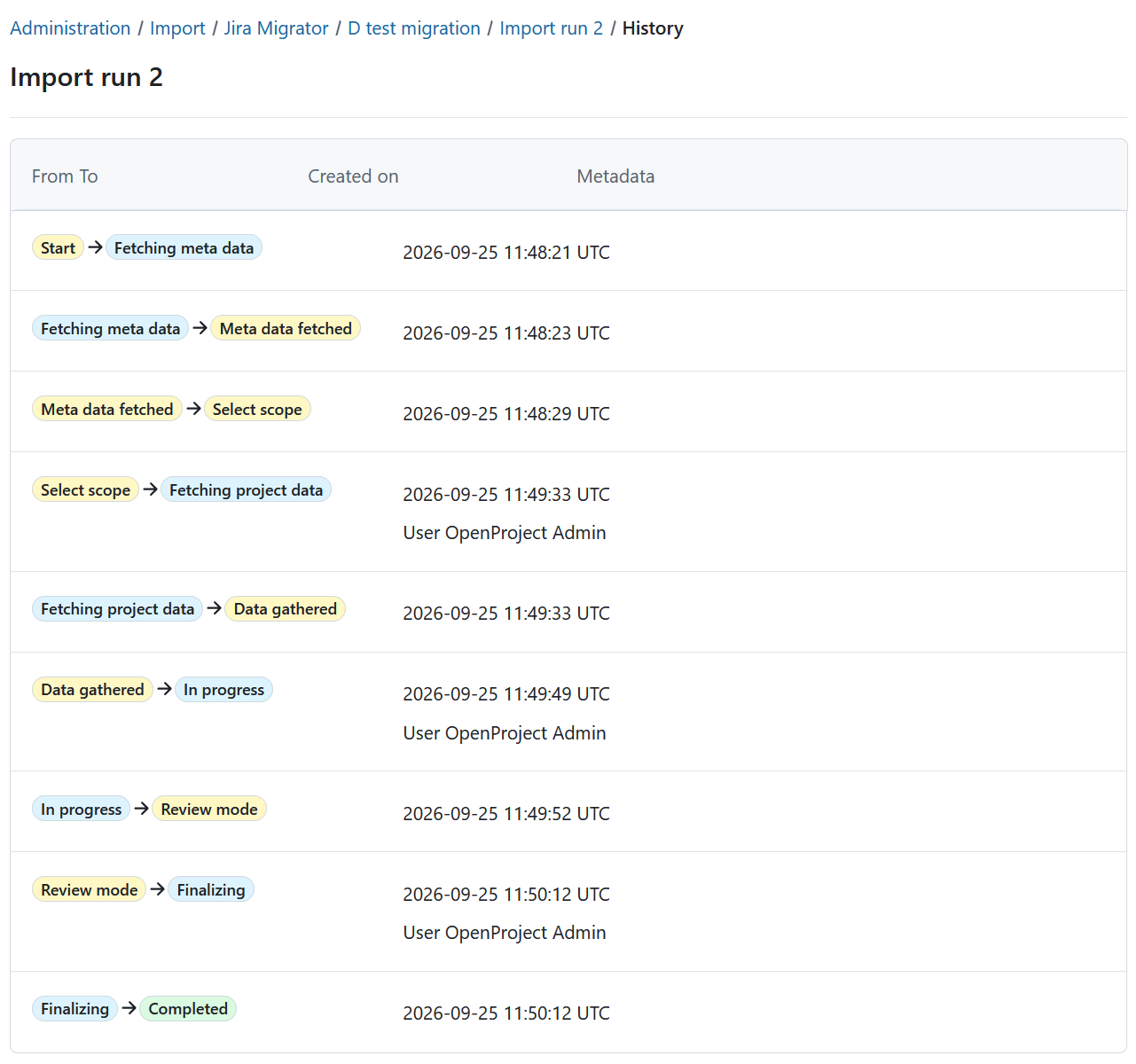 History of a Jira import run showing status changes and metadata