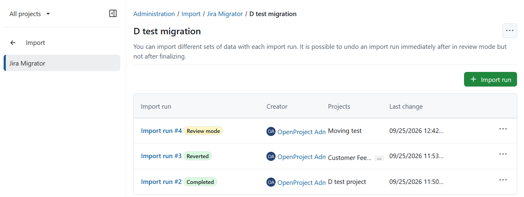 Overview of Jira import runs and their current status