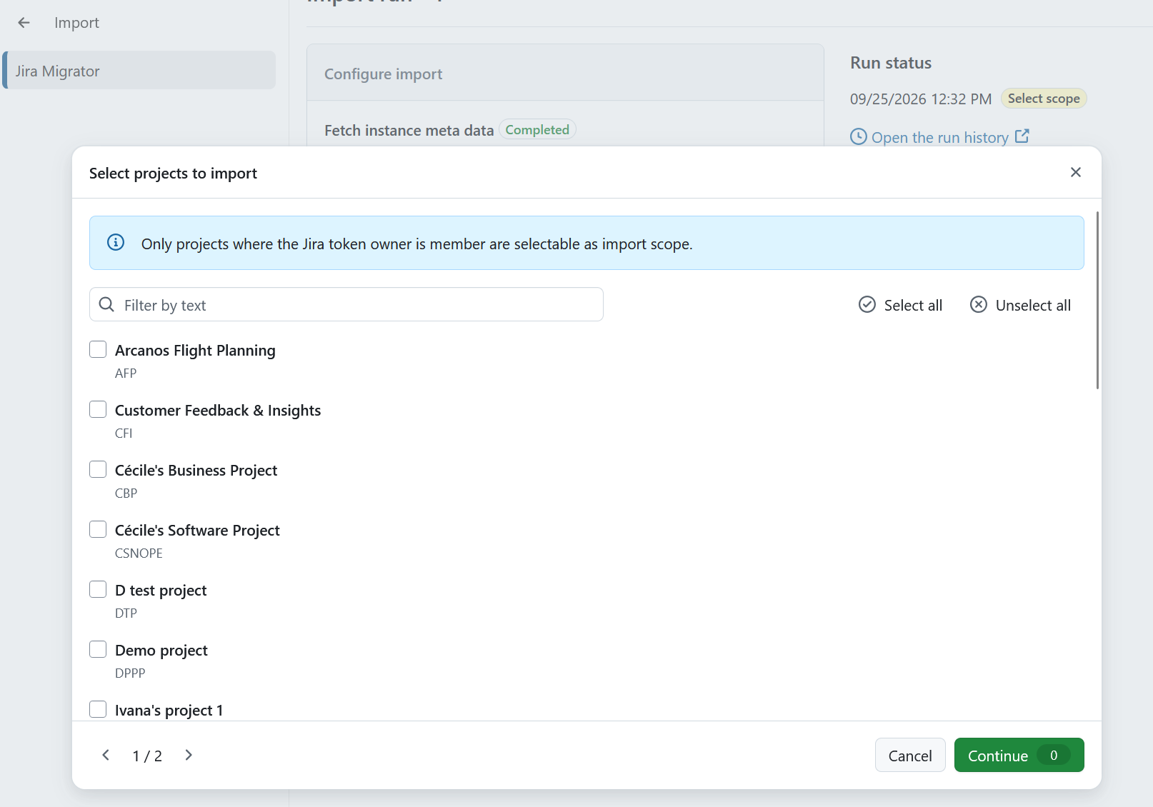 Project selection modal showing available Jira projects