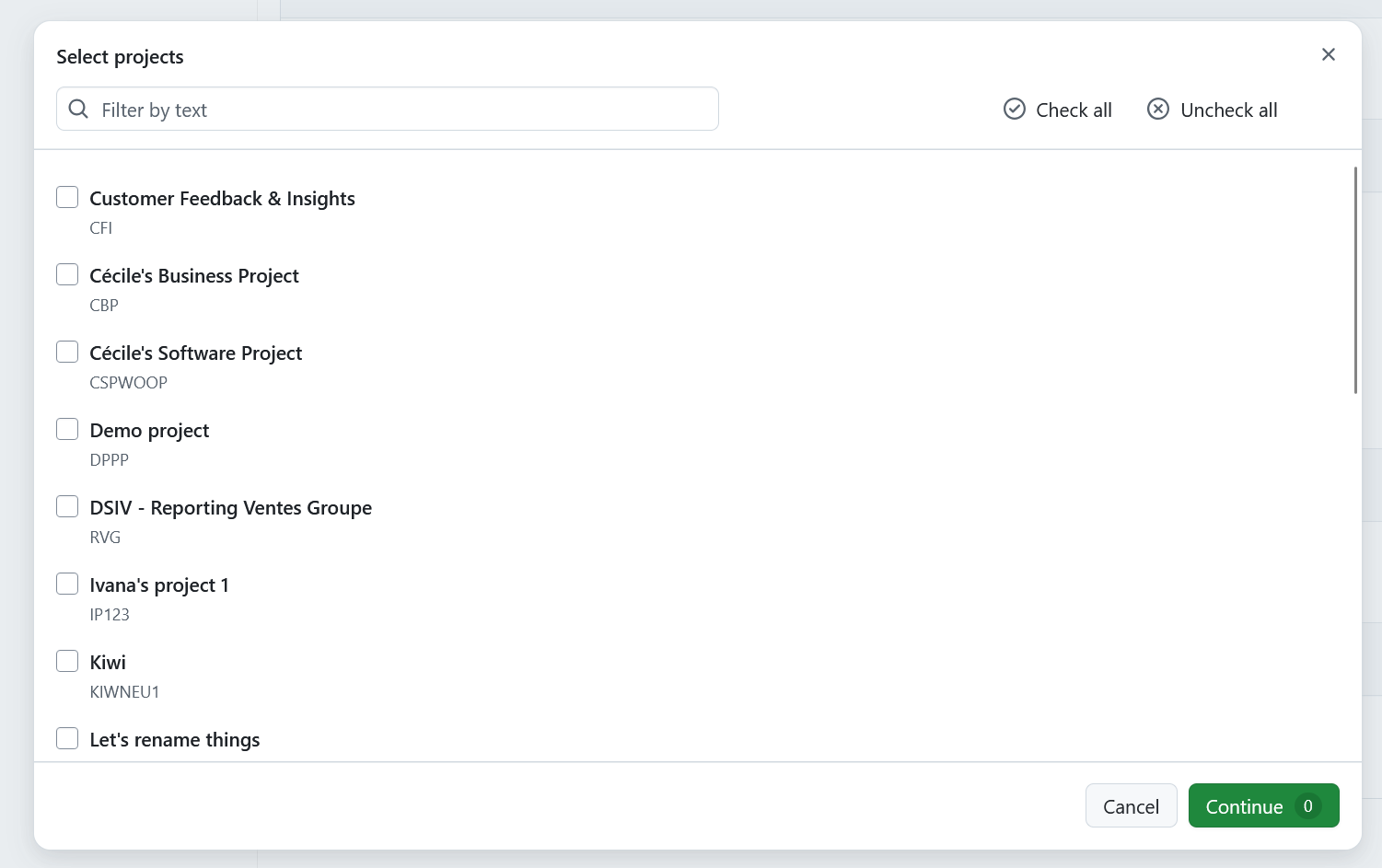 Project selection modal showing available Jira projects