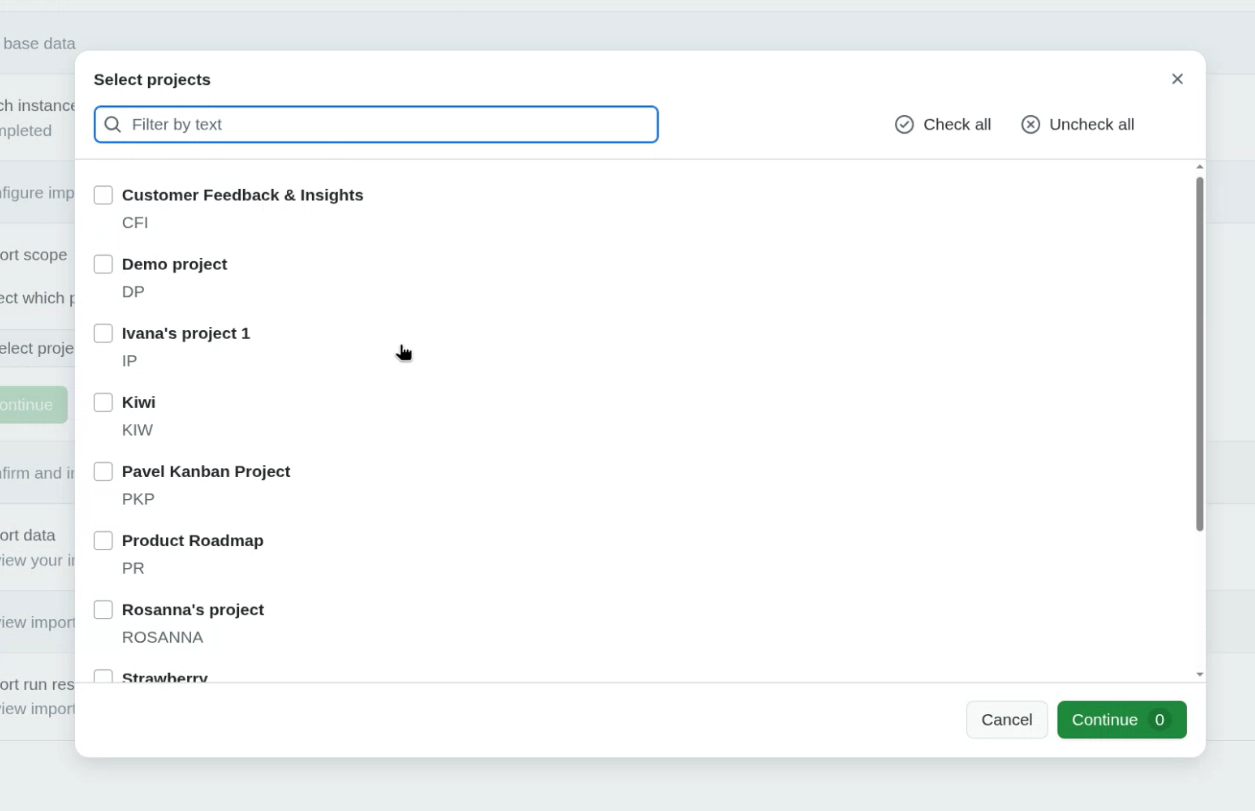 Project selection modal showing available Jira projects