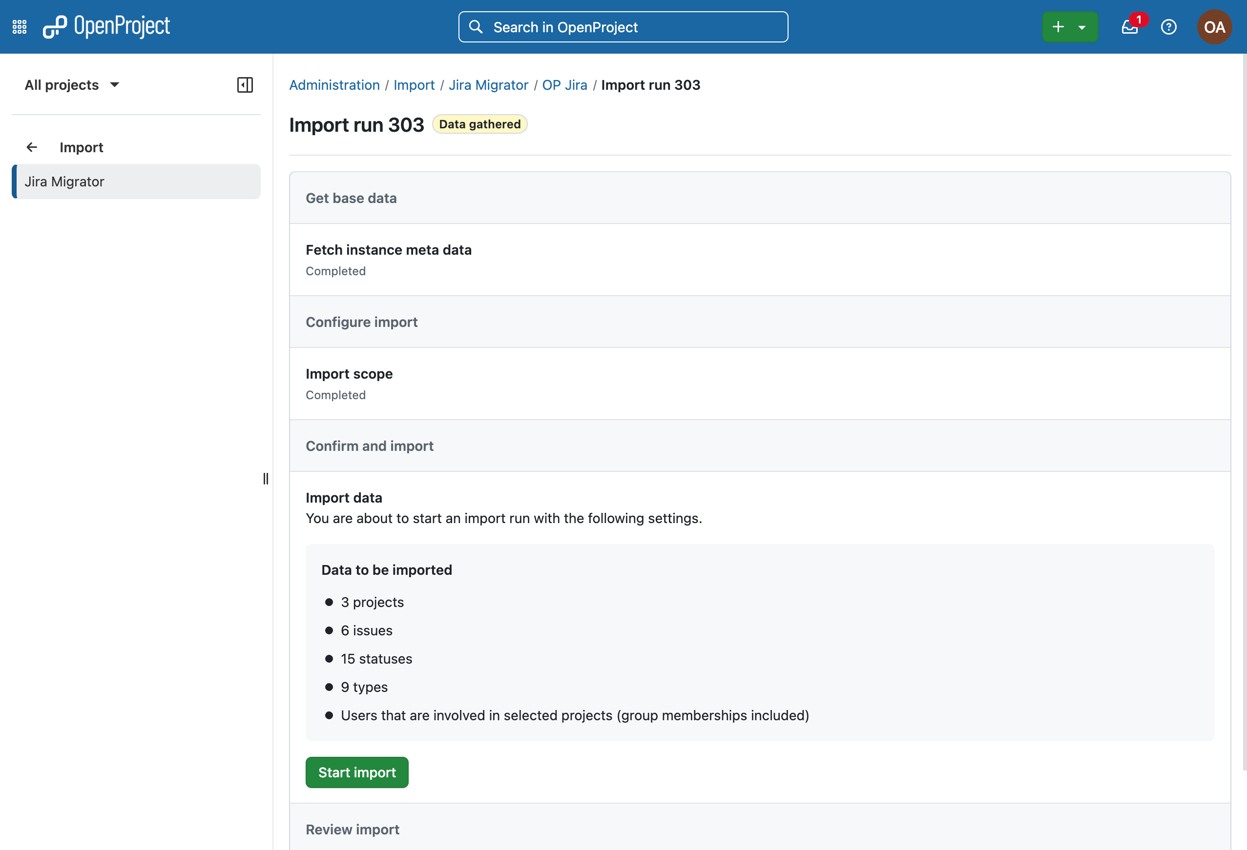 Start import button in Jira import workflow