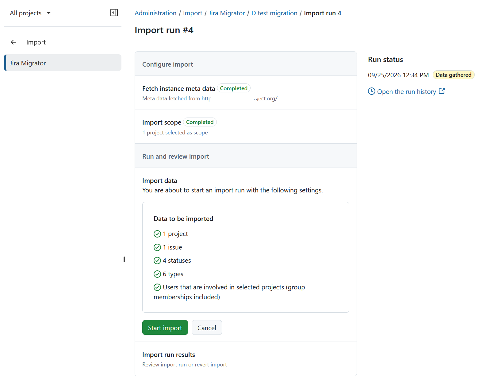 Start import button in Jira import workflow