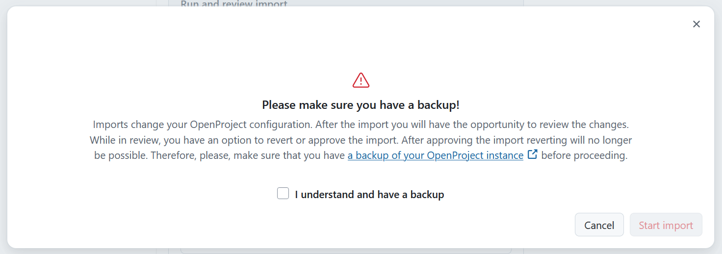 Warning dialog before starting Jira import