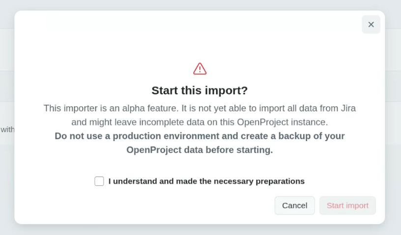 Warning dialog before starting Jira import