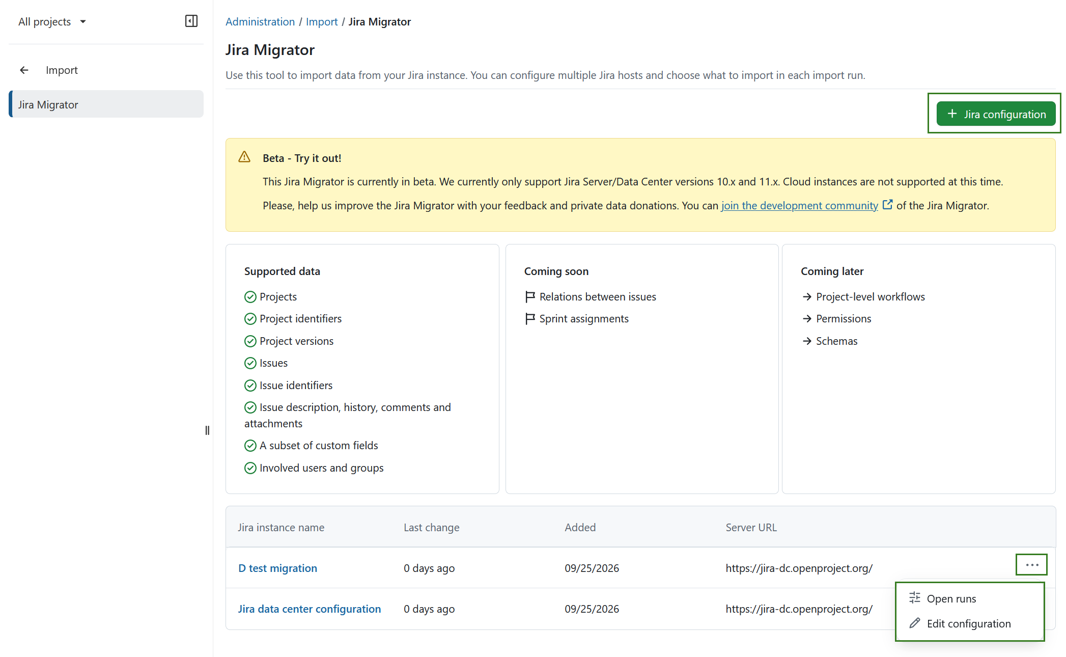 Jira Migrator configurations overview in OpenProject administration
