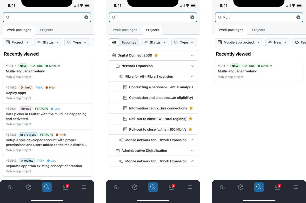 View of the supported search criteria in the app