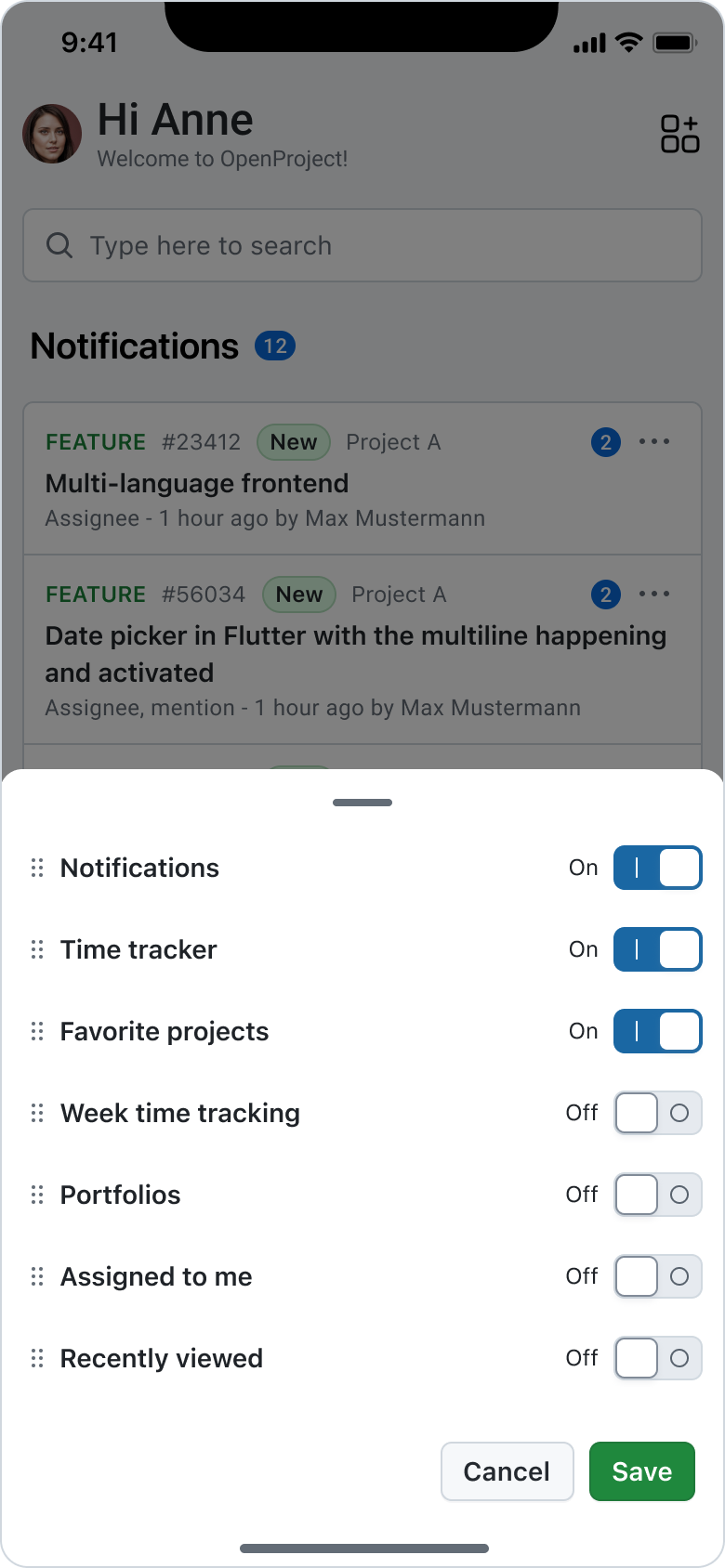 Home dashboard edit widgets bottom sheet configuration in OpenProject mobile app