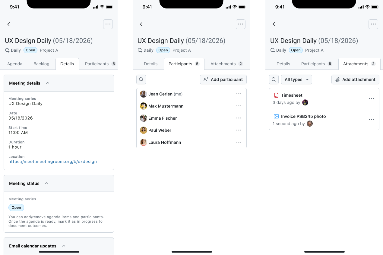 Meeting details, participants and attachments views