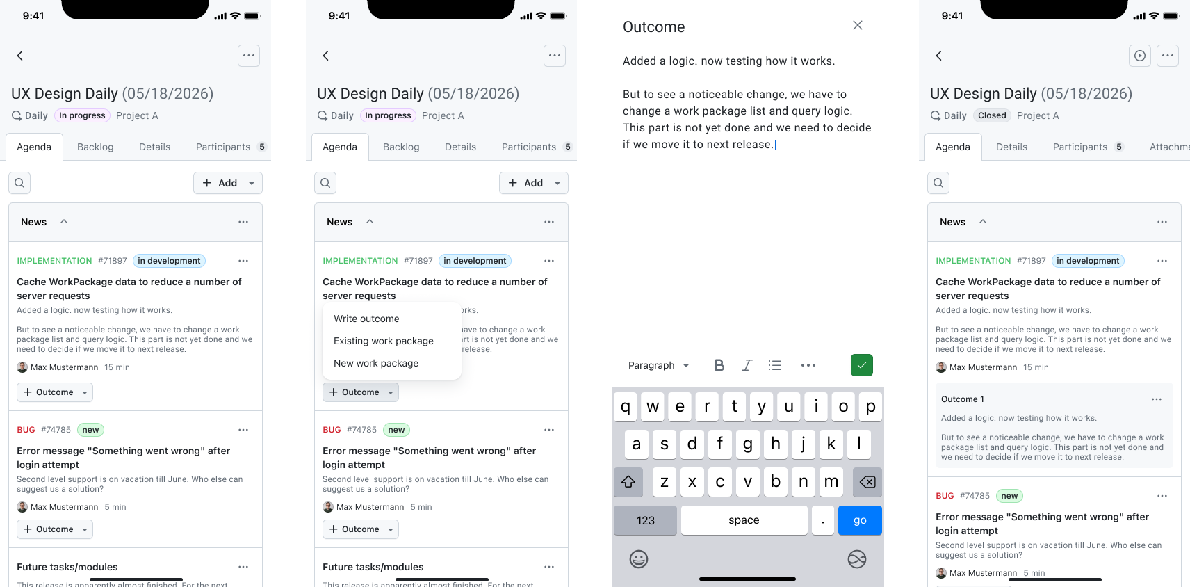 Status update and writing outcomes in a meeting