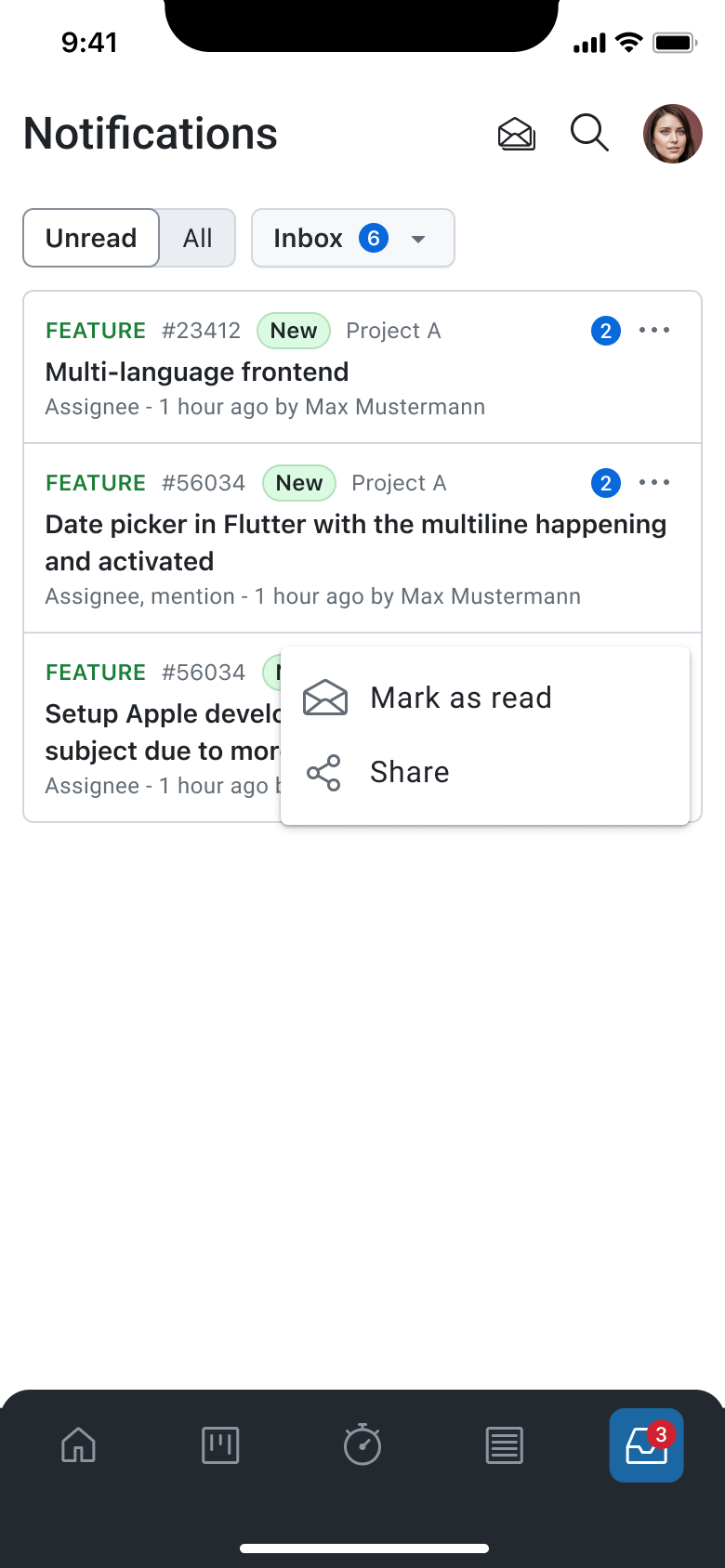 Mark a notification as read using the more menu in the OpenProject mobile app