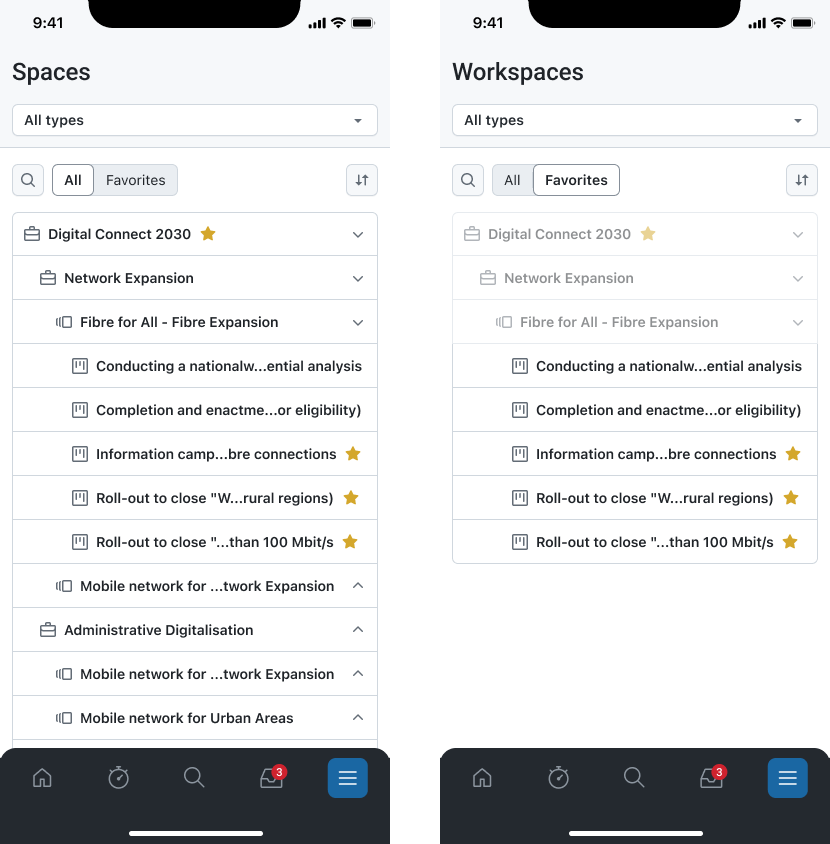 Spaces navigation between all and favorites