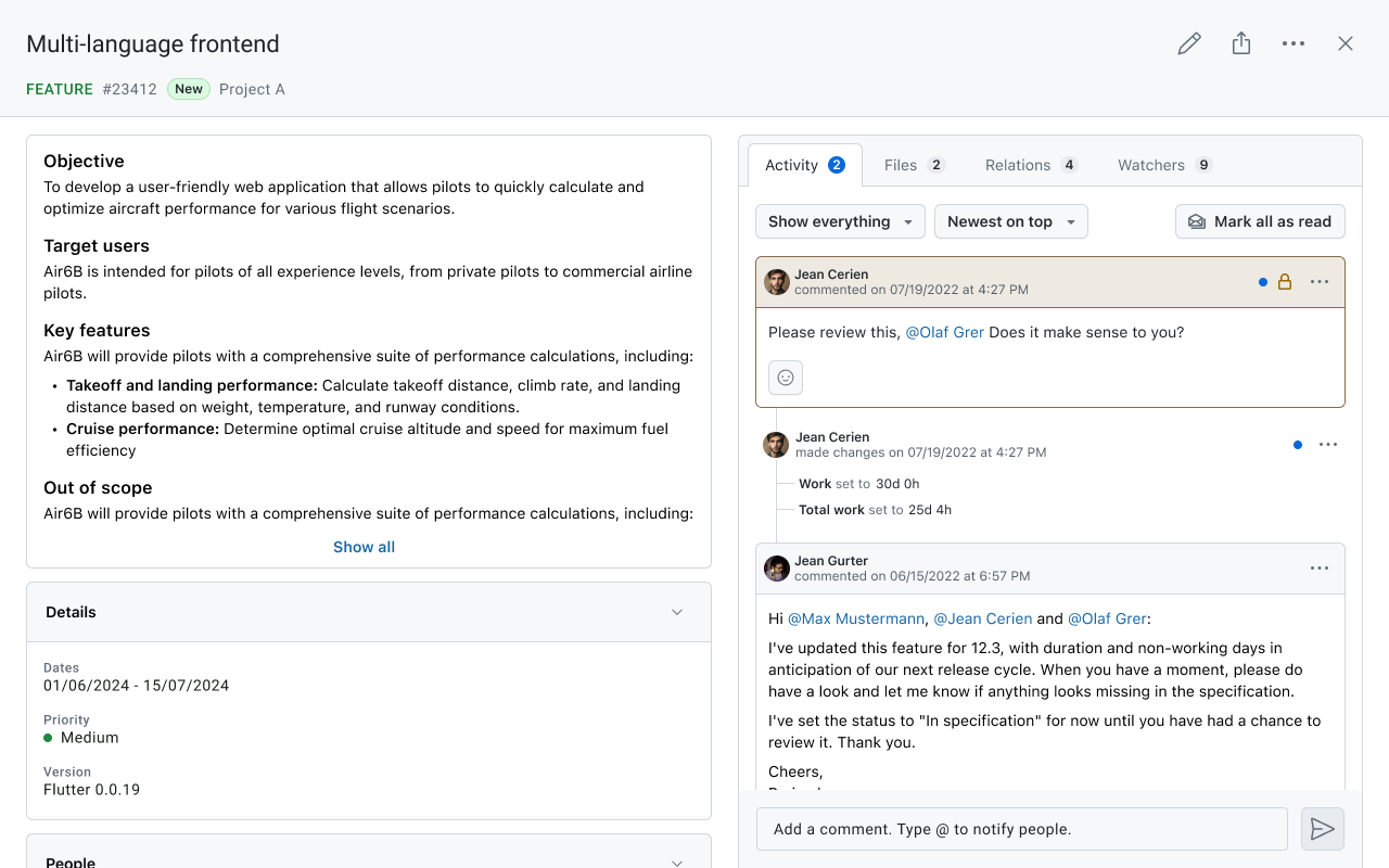 Work package full view on a tablet device