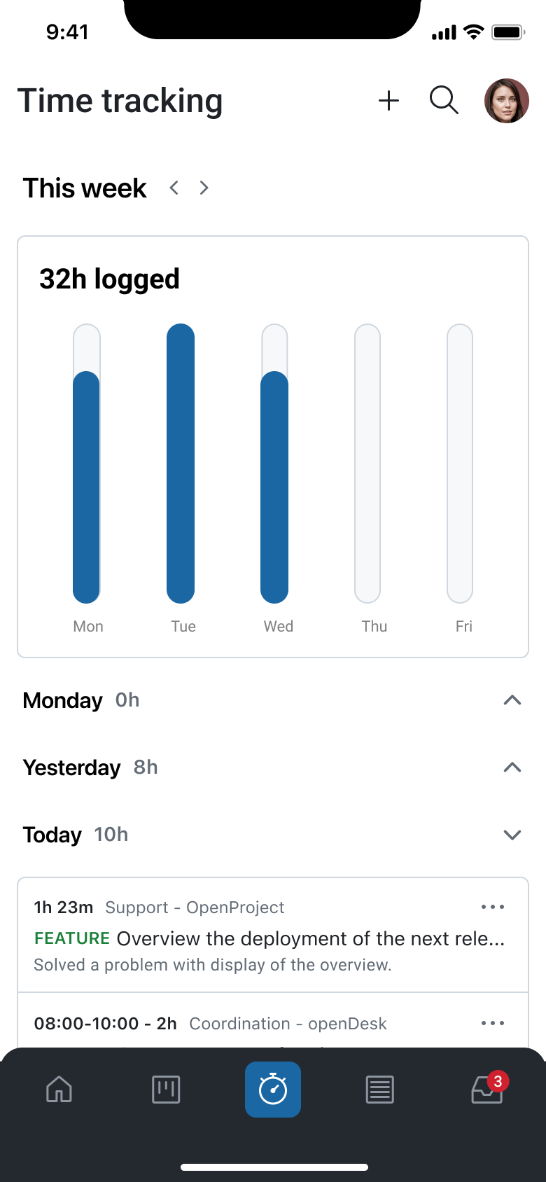 Time tracking week logged time index page in the OpenProject mobile app